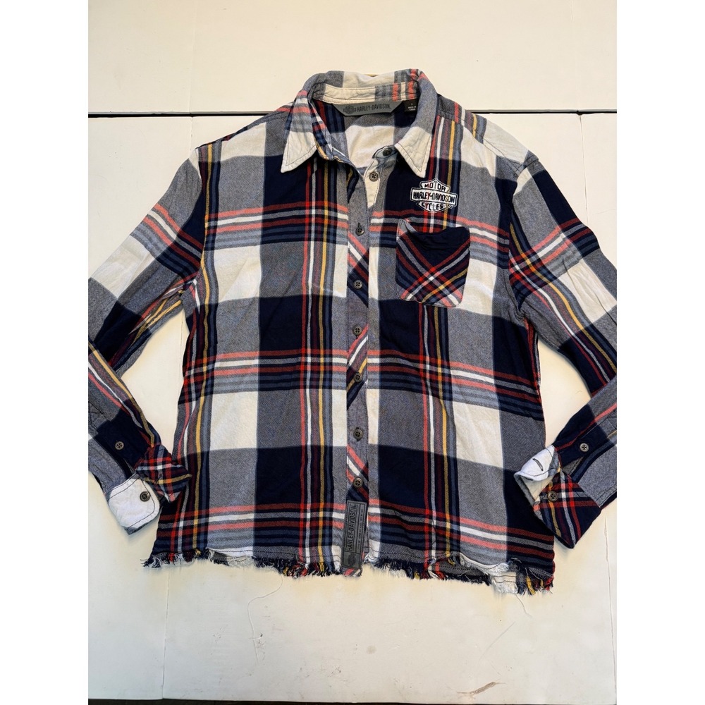 Harley-Davidson Womens Plaid Flannel Shirt Frayed Hem Navy Orange Small